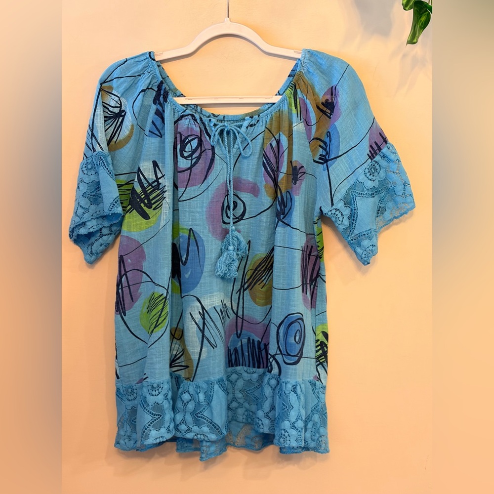 MADE IN ITALY Cotton Weave Knit Abstract Bohemian Lace-Trim Peasant Top